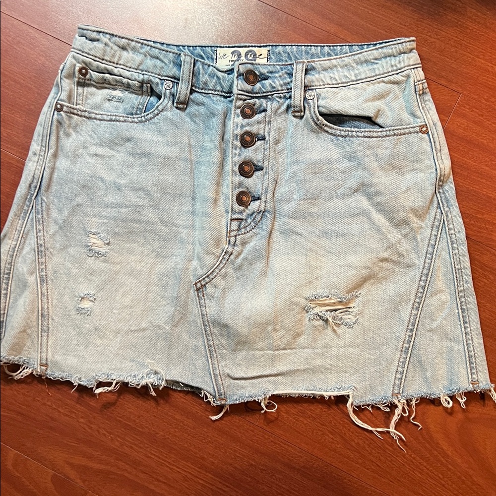 We the free Light Blue Denim mini skirt factory distressed frayed hem